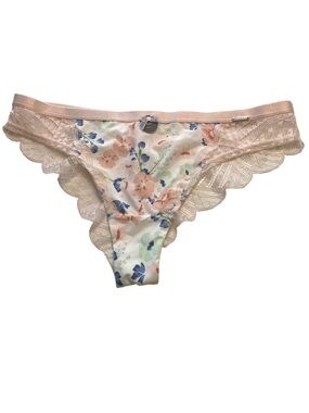 La Vie En Rose Peach Lace Floral Bikini Panty with Blue Accents
